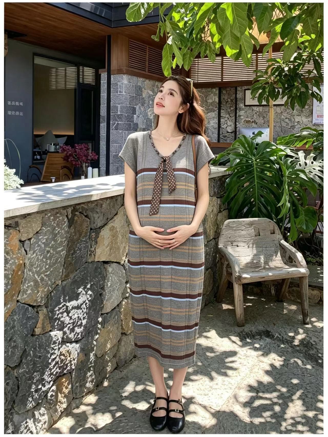 실사 지금 지금 출산 착용 2026 여름 새로운 문예 디자인 센스 니트 얼음 실크 스트라이프 리본 드레스 상세 이미지 7