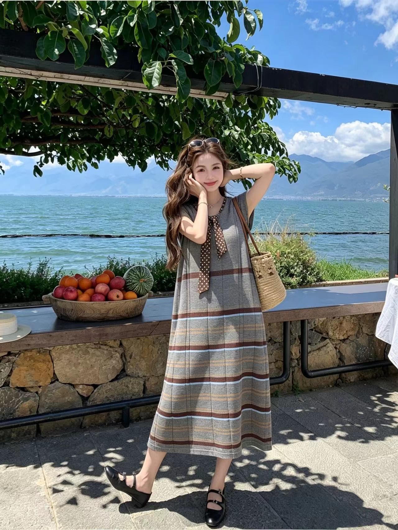 실사 지금 지금 출산 착용 2026 여름 새로운 문예 디자인 센스 니트 얼음 실크 스트라이프 리본 드레스 상세 이미지 13