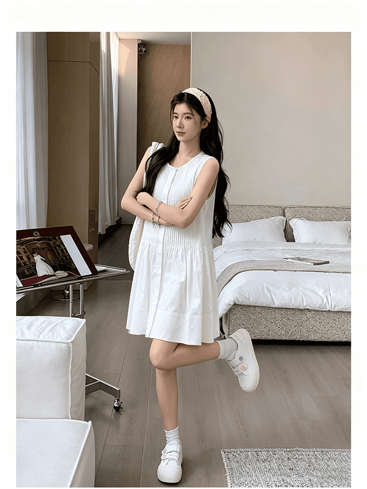 실사 지금 지금 임산부 장기 셔츠 드레스 한 부서 순면 루즈핏 디자인 센스 민소매 쇼트 스타일 여성 드레스 상세 이미지 13