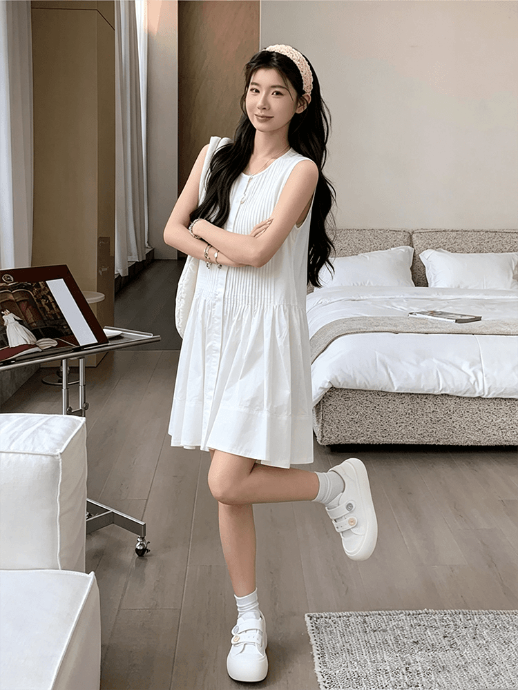 실사 지금 지금 임산부 장기 셔츠 드레스 한 부서 순면 루즈핏 디자인 센스 민소매 쇼트 스타일 여성 드레스 상세 이미지 14