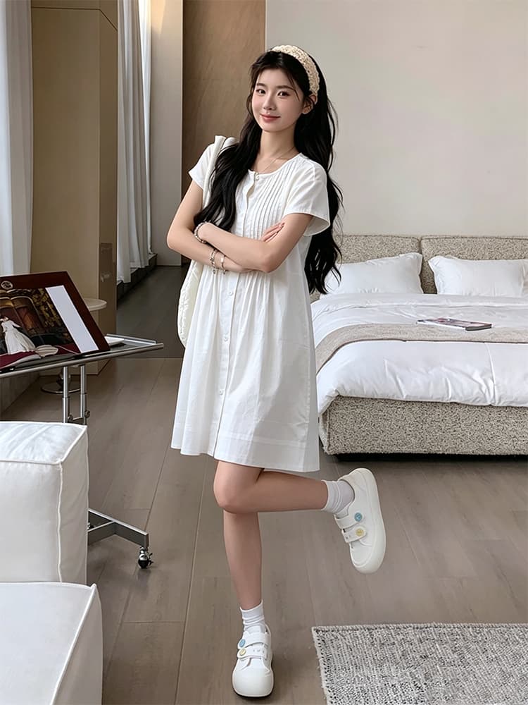 실사 지금 지금 임산부 장기 셔츠 드레스 순면 루즈핏 미니멀리즘 디자인 센스 민소매 반팔 작은 키 미니 스커트 상세 이미지 23