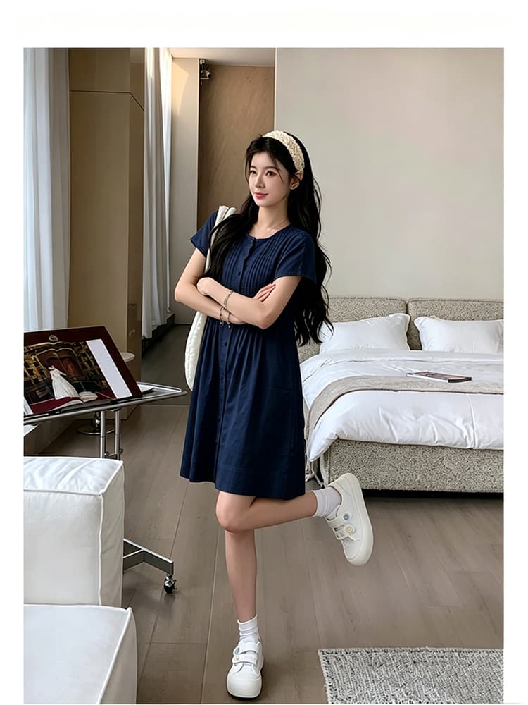 실사 지금 지금 임산부 장기 셔츠 드레스 순면 루즈핏 미니멀리즘 디자인 센스 민소매 반팔 작은 키 미니 스커트 상세 이미지 27