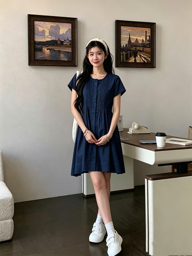 실사 지금 지금 임산부 장기 셔츠 드레스 순면 루즈핏 미니멀리즘 디자인 센스 민소매 반팔 작은 키 미니 스커트 상세 이미지 28