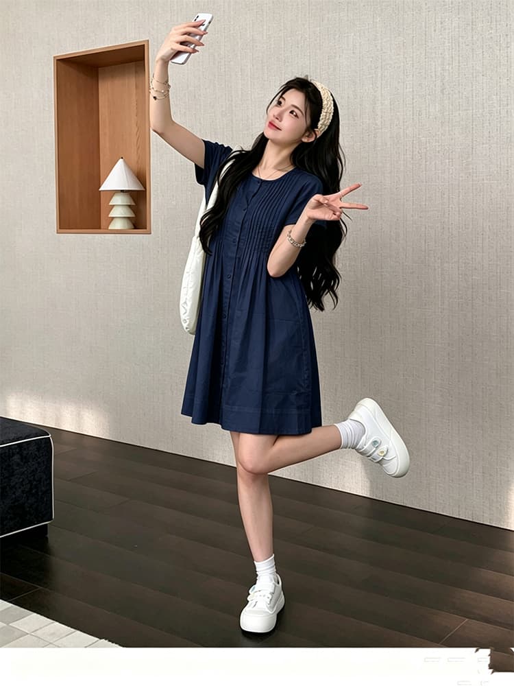 실사 지금 지금 임산부 장기 셔츠 드레스 순면 루즈핏 미니멀리즘 디자인 센스 민소매 반팔 작은 키 미니 스커트 상세 이미지 30