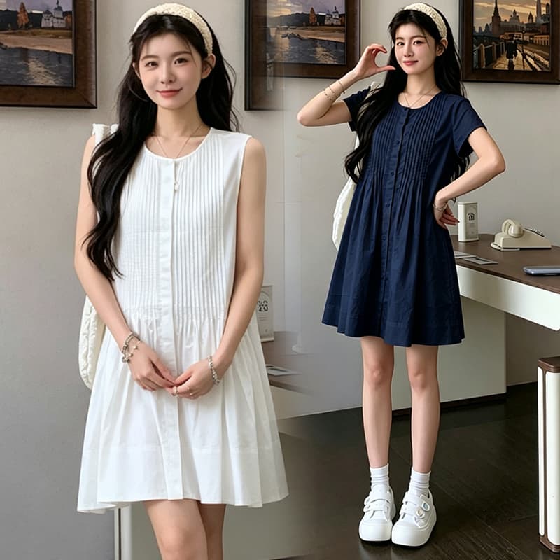 실사 지금 지금 임산부 장기 셔츠 드레스 순면 루즈핏 미니멀리즘 디자인 센스 민소매 반팔 작은 키 미니 스커트 이미지 4