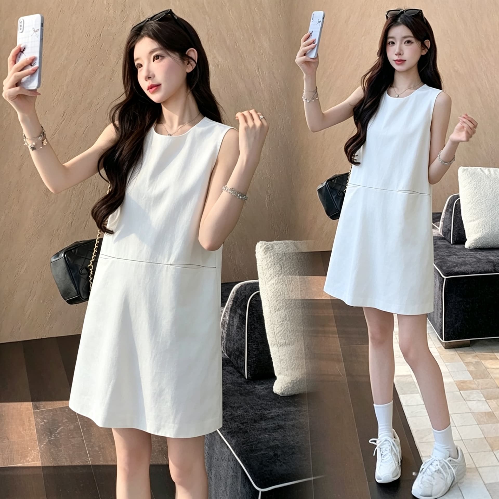 실사 지금 지금 새로운 빛 럭셔리 바람 민소매 드레스 슬림해 보이는 품격 다용도 치마 검정색 작은 외투 이미지 3