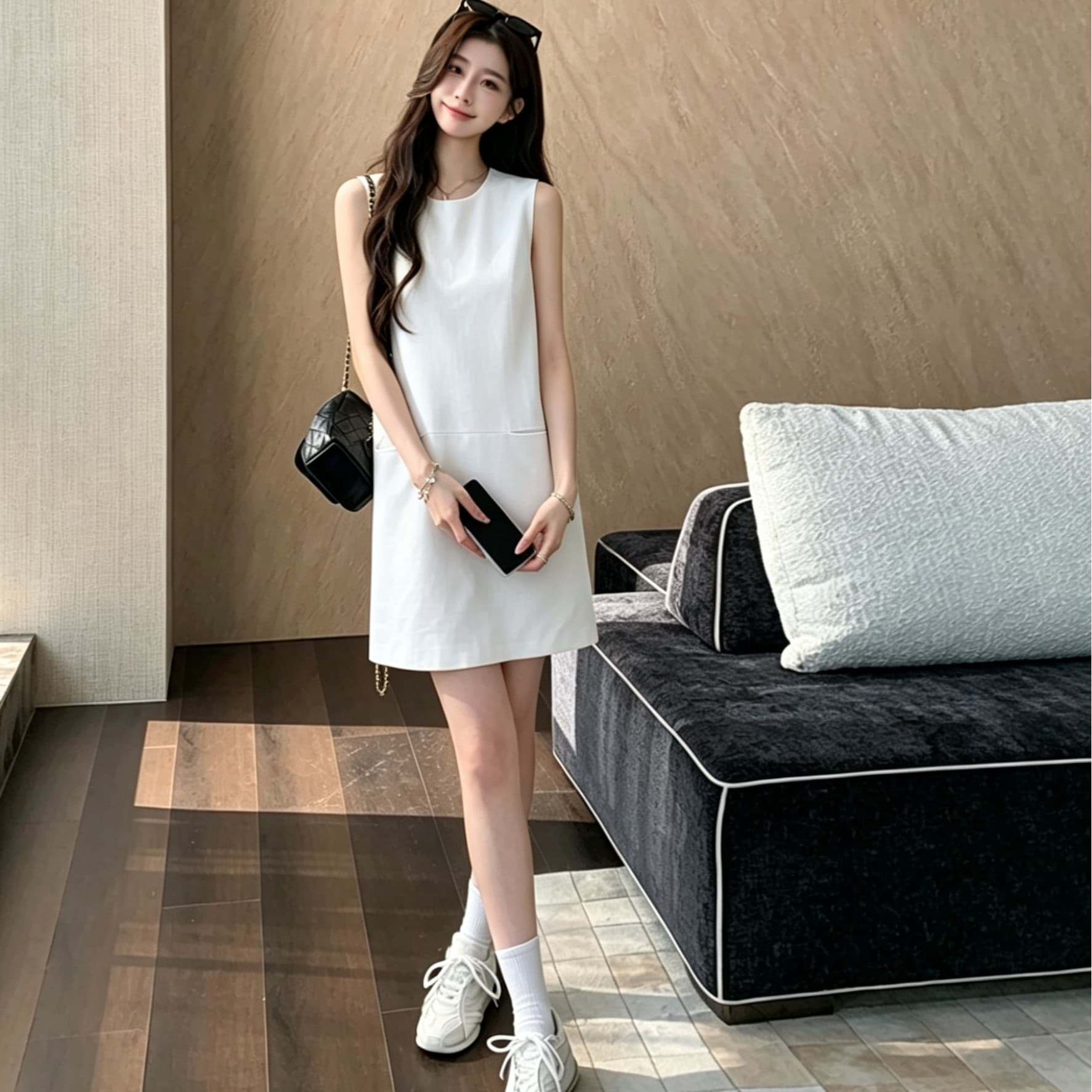 실사 지금 지금 새로운 빛 럭셔리 바람 민소매 드레스 슬림해 보이는 품격 다용도 치마 검정색 작은 외투 이미지 4