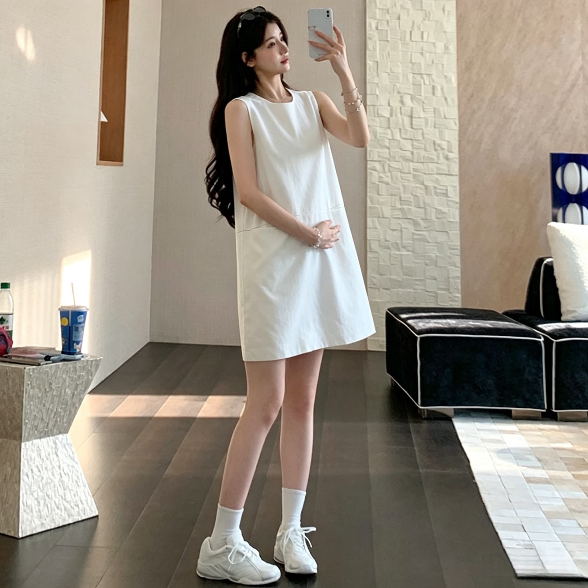 실사 지금 지금 새로운 빛 럭셔리 바람 민소매 드레스 슬림해 보이는 품격 다용도 치마 검정색 작은 외투 상세 이미지 6
