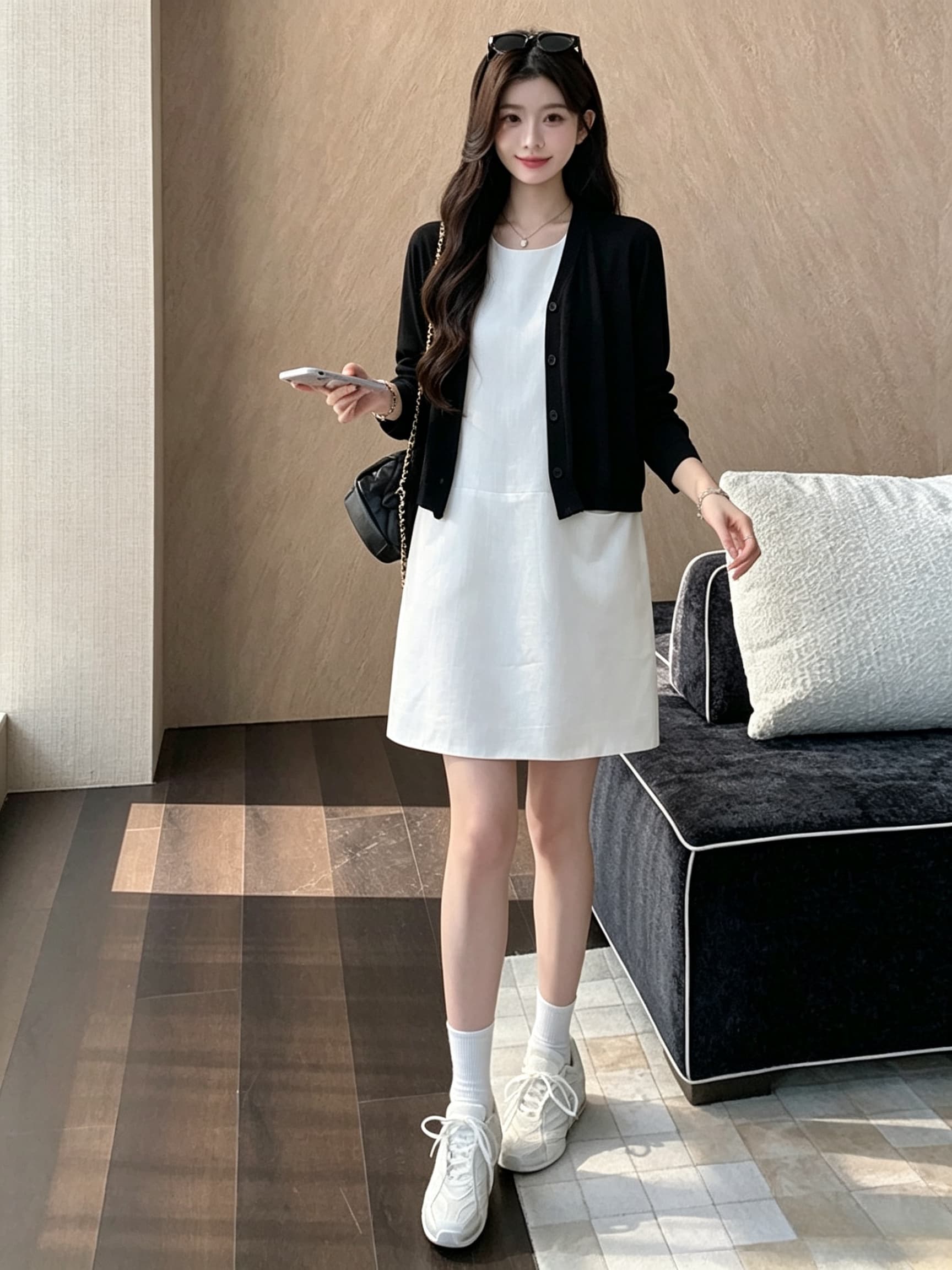 실사 지금 지금 새로운 빛 럭셔리 바람 민소매 드레스 슬림해 보이는 품격 다용도 치마 검정색 작은 외투 상세 이미지 15