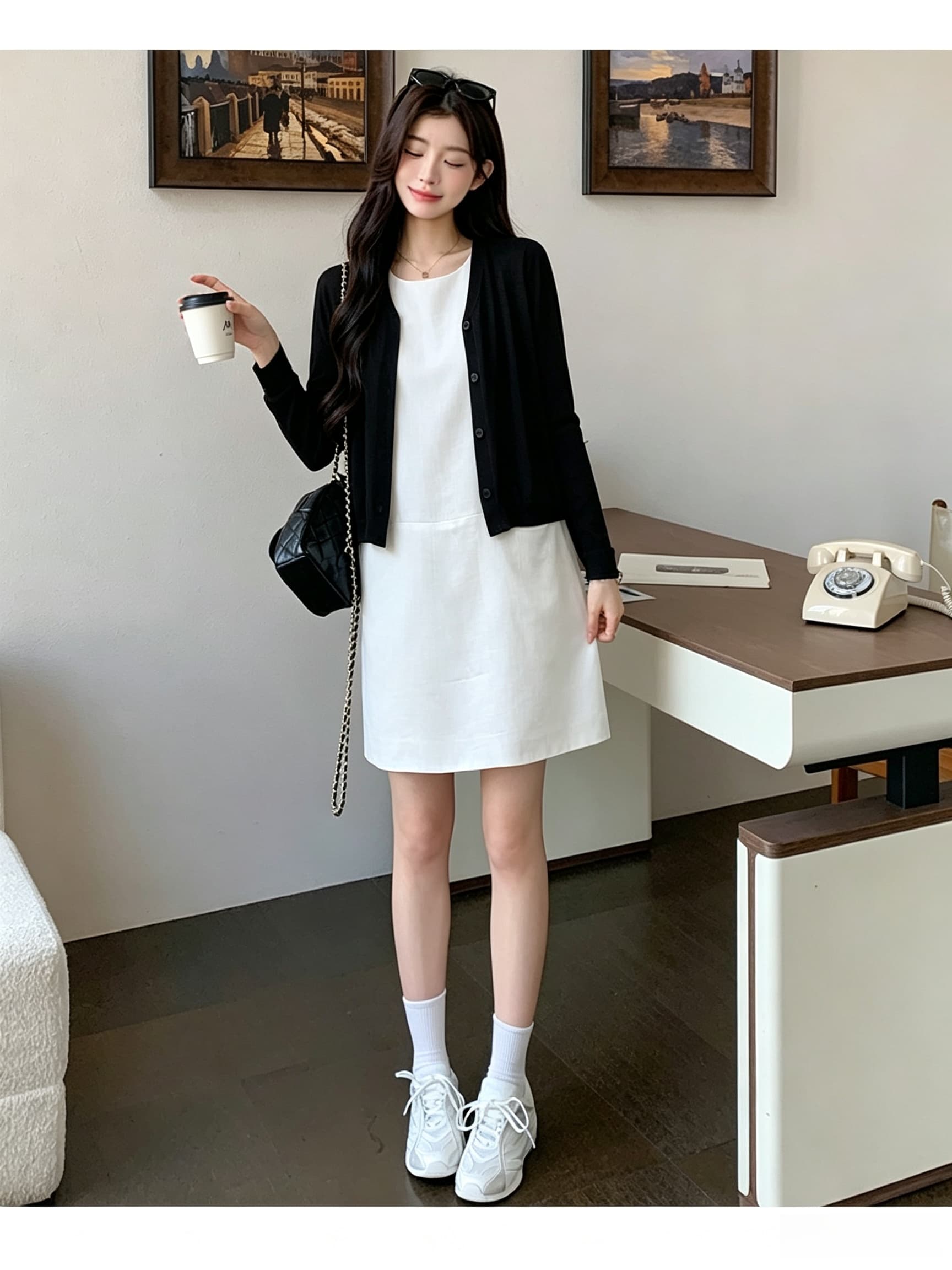 실사 지금 지금 새로운 빛 럭셔리 바람 민소매 드레스 슬림해 보이는 품격 다용도 치마 검정색 작은 외투 상세 이미지 17