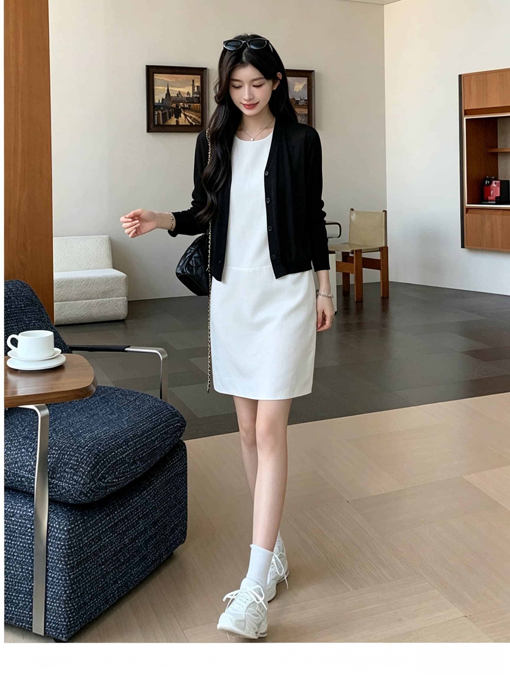 실사 지금 지금 새로운 빛 럭셔리 바람 민소매 드레스 슬림해 보이는 품격 다용도 치마 검정색 작은 외투 상세 이미지 21