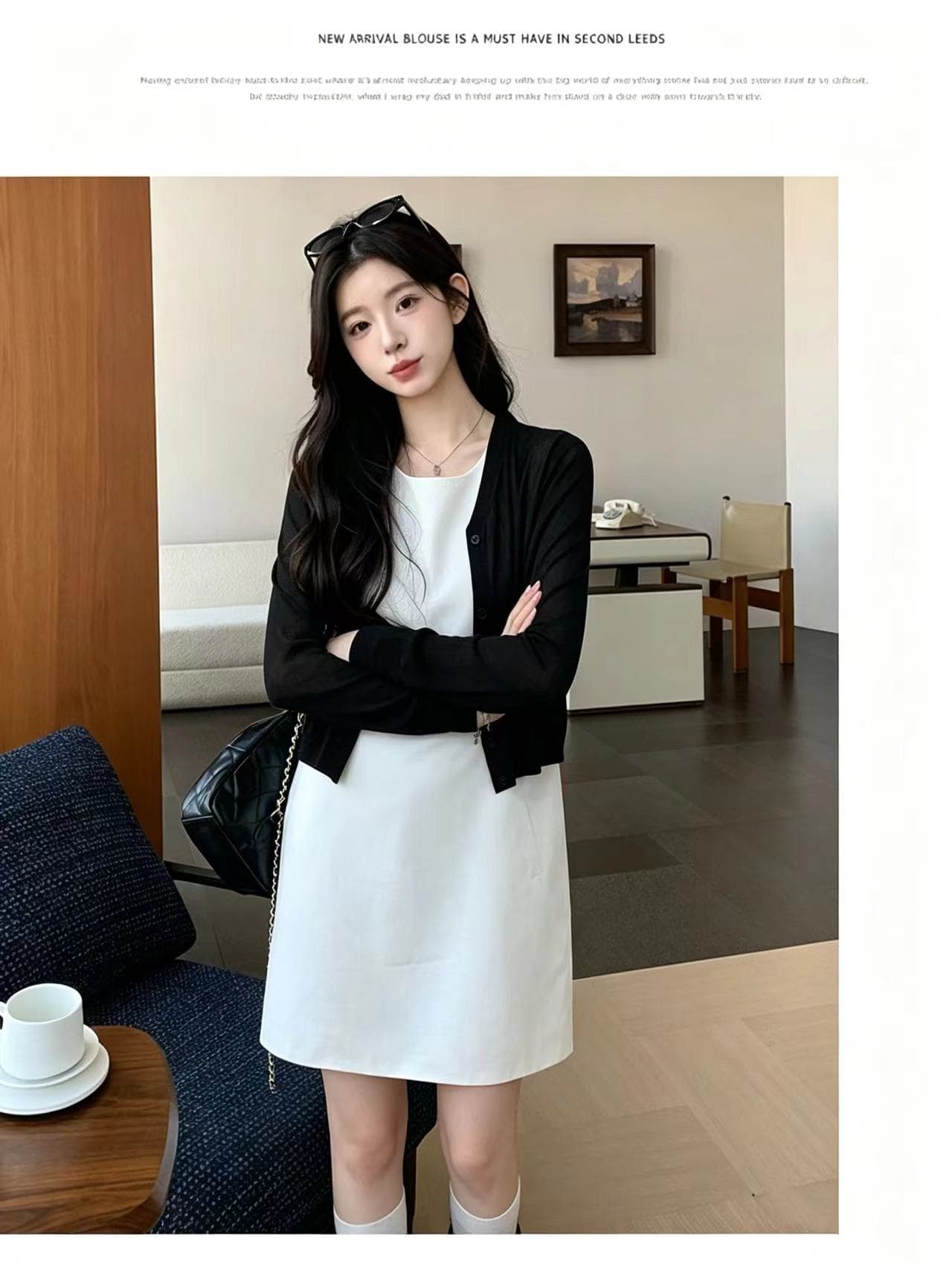 실사 지금 지금 새로운 빛 럭셔리 바람 민소매 여성 라운드 넥 슬림해 보이는 품격 다용도 치마 검정색 작은 외투 상세 이미지 4