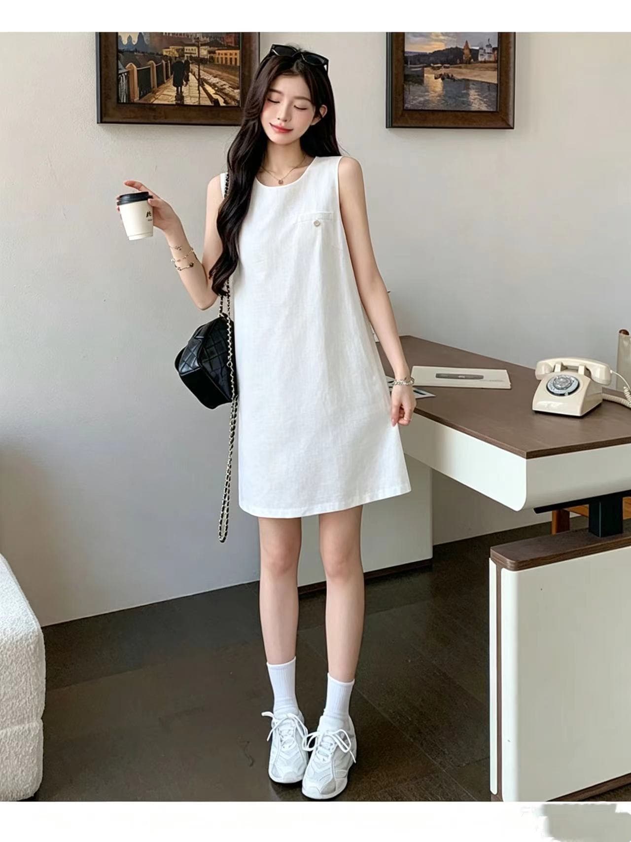 실사 지금 지금 새로운 빛 럭셔리 바람 민소매 여성 라운드 넥 슬림해 보이는 품격 다용도 치마 검정색 작은 외투 상세 이미지 6