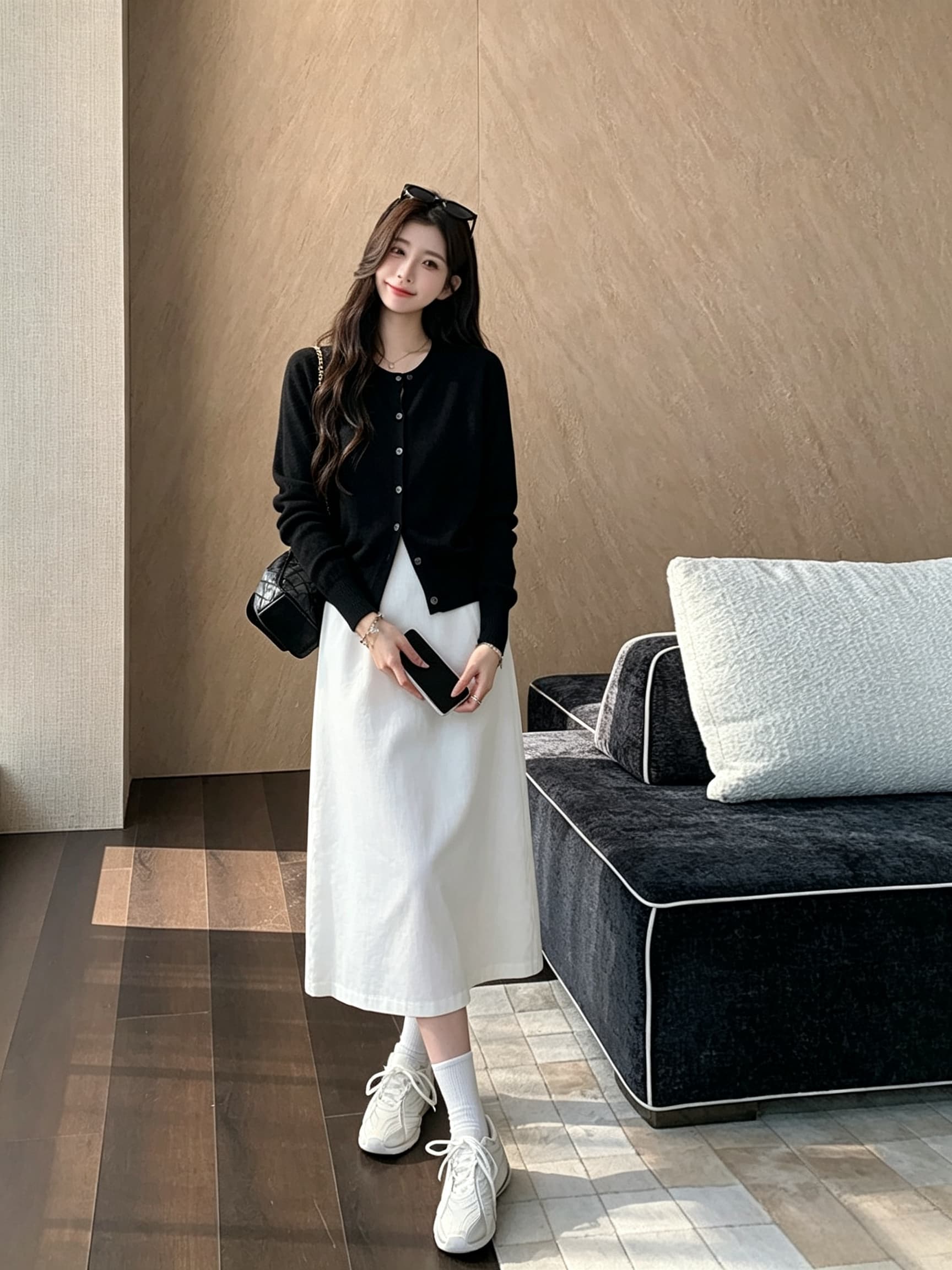 실사 지금 지금 새로운 빛 럭셔리 바람 민소매 여성 라운드 넥 슬림해 보이는 품격 다용도 치마 검정색 작은 외투 상세 이미지 16