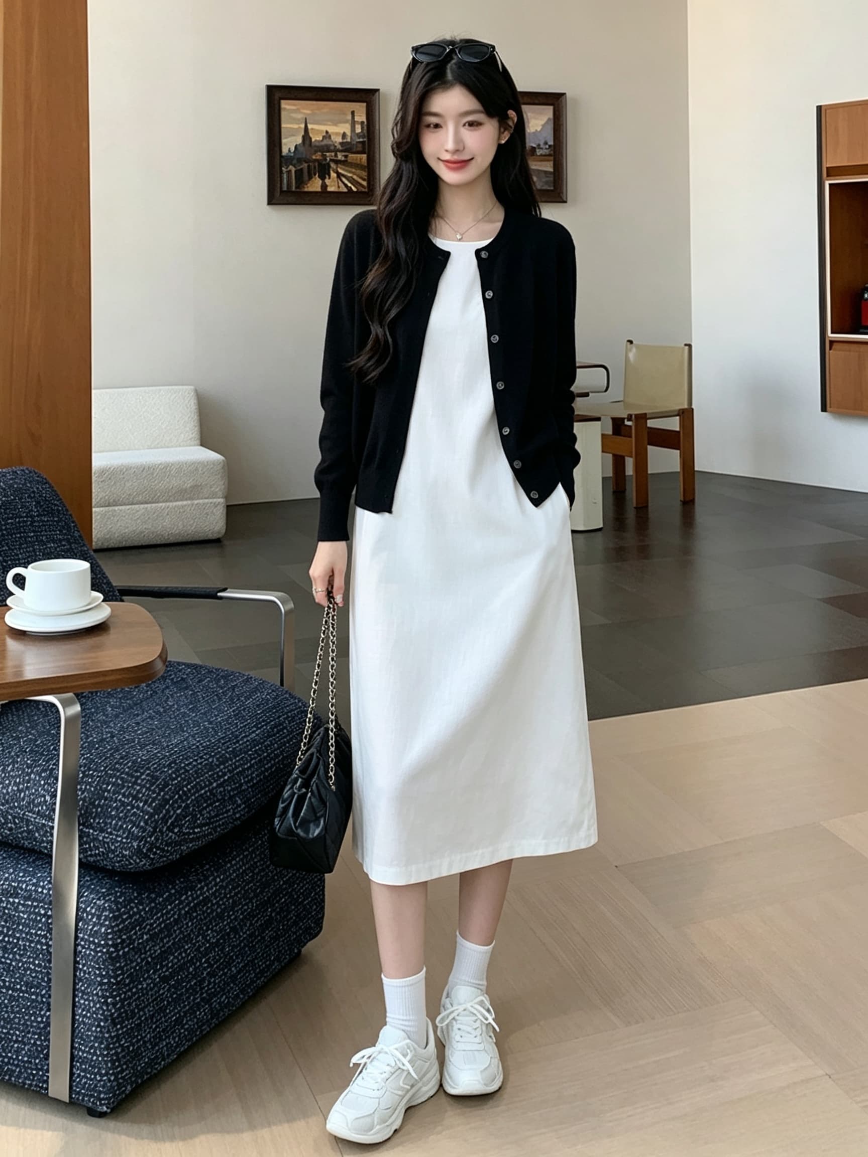 실사 지금 지금 새로운 빛 럭셔리 바람 민소매 여성 라운드 넥 슬림해 보이는 품격 다용도 치마 검정색 작은 외투 상세 이미지 17