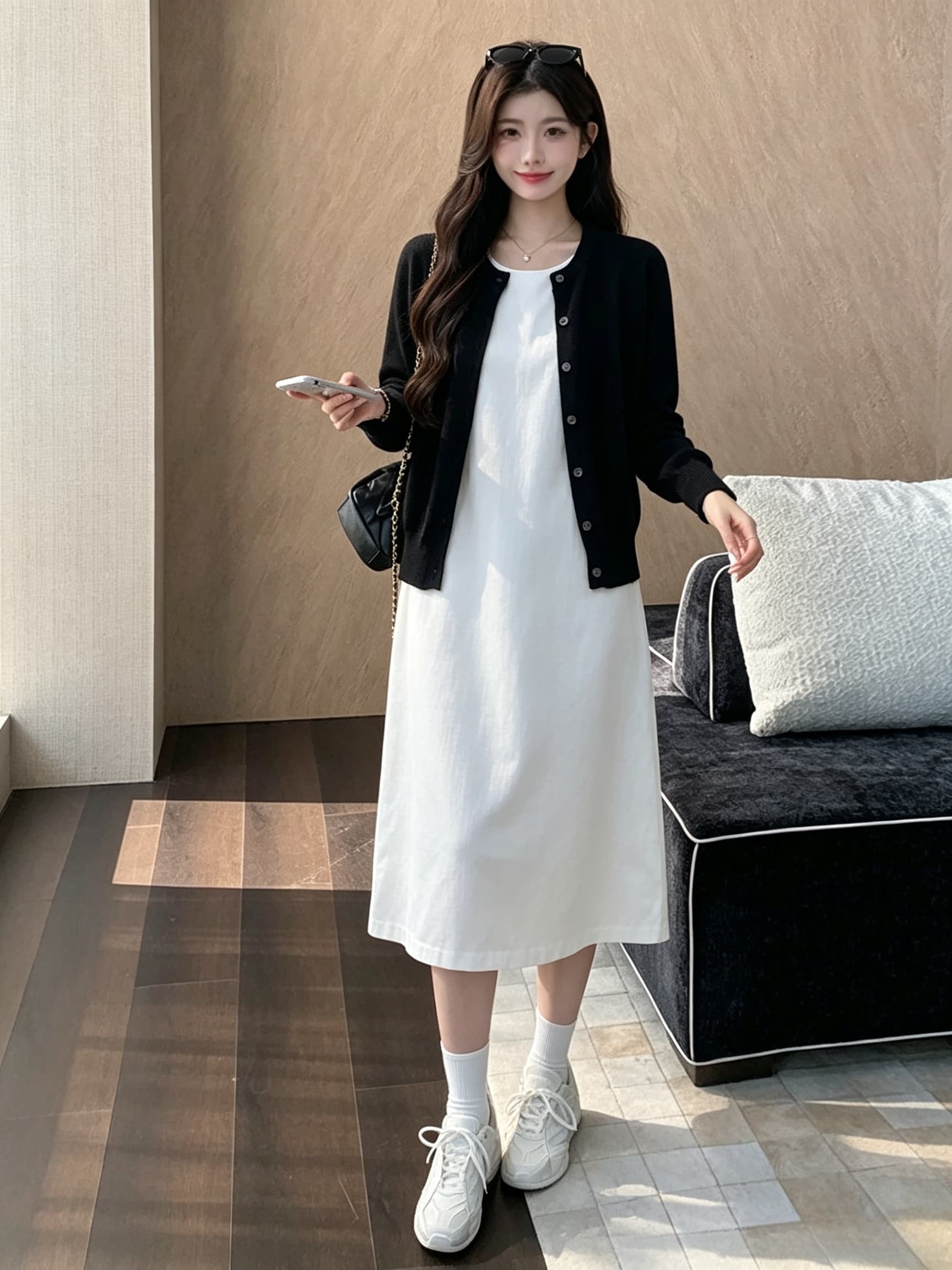 실사 지금 지금 새로운 빛 럭셔리 바람 민소매 여성 라운드 넥 슬림해 보이는 품격 다용도 치마 검정색 작은 외투 상세 이미지 19