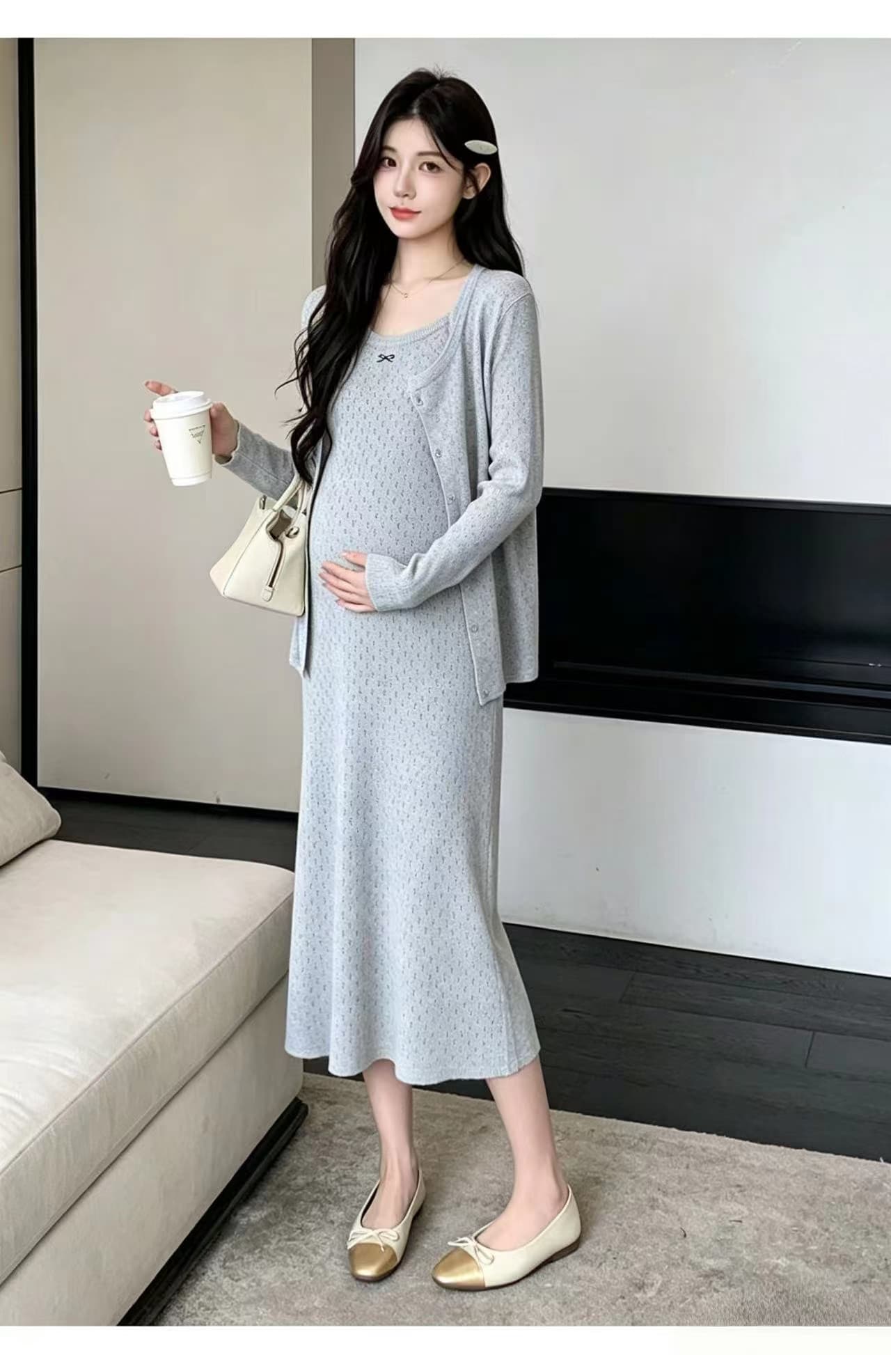 실사 지금 임산부 가을 의상 2026 새로운 패션 트렌디 엄마 롱 스커트 착용 가져 가라. 세트 임신 기간 치마 투피스 세트 상세 이미지 5