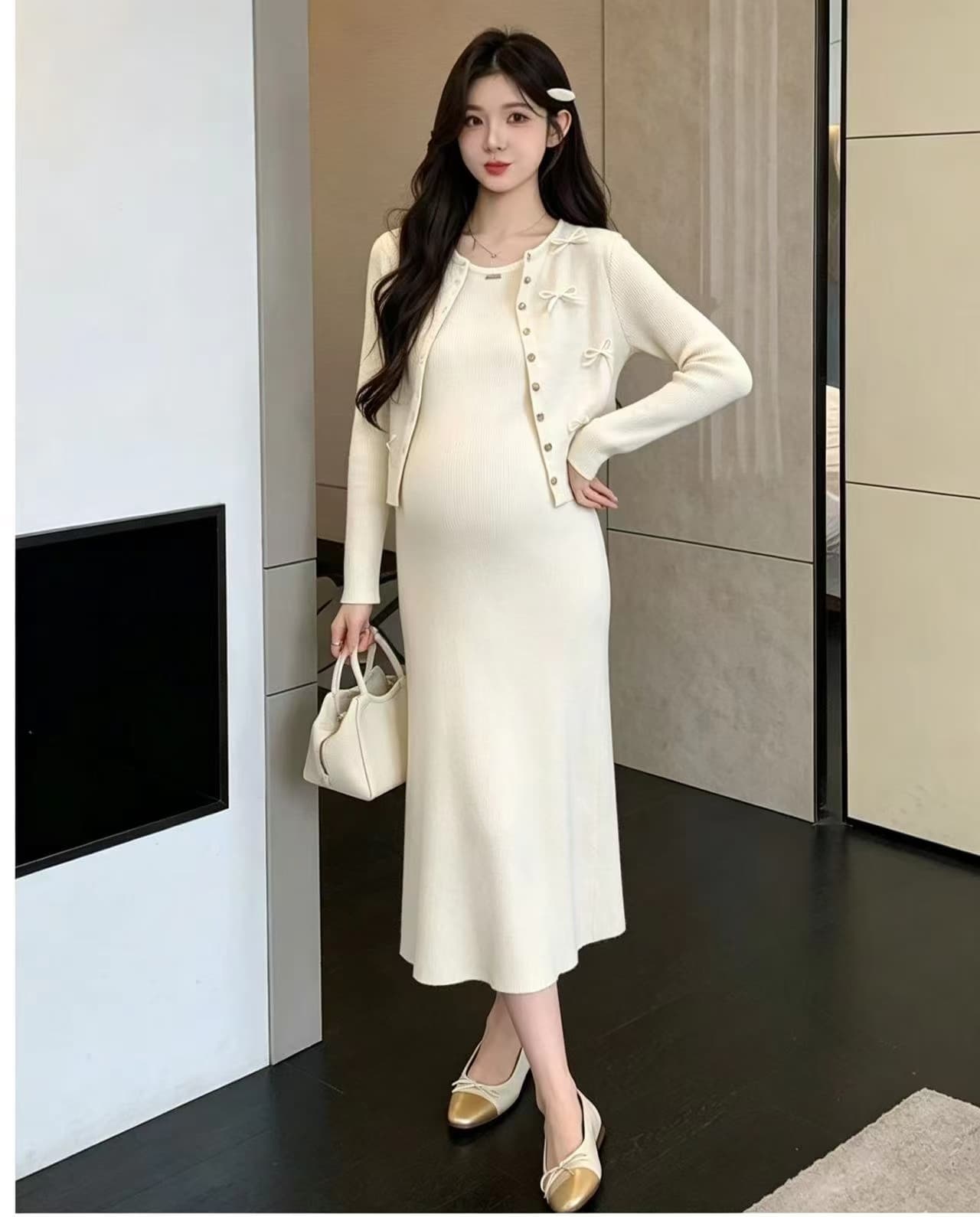 실사 지금 임산부 가을 의상 2026 새로운 패션 트렌디 엄마 롱 스커트 세트 봄 가을 임신 기간 치마 투피스 세트 상세 이미지 1