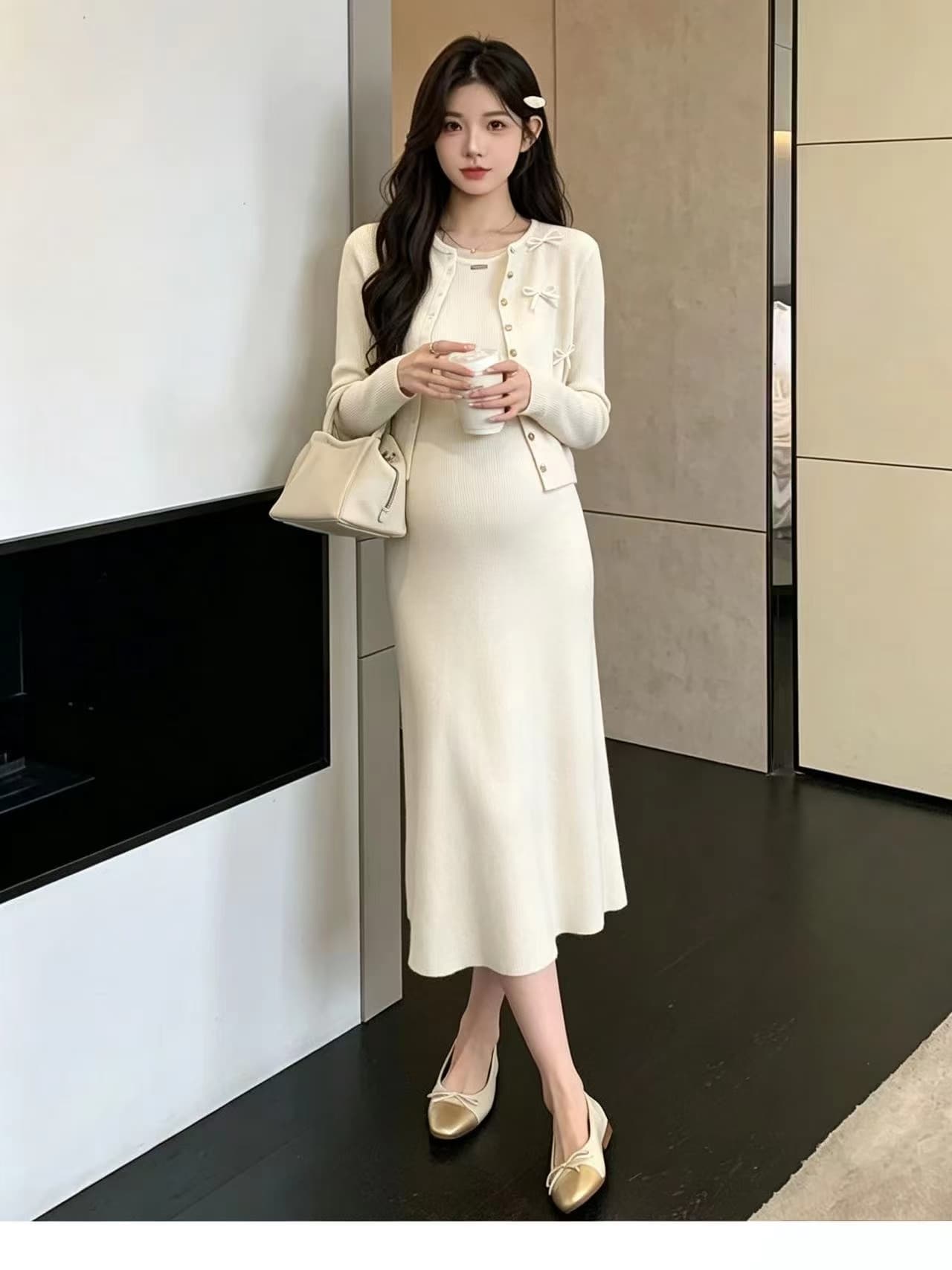 실사 지금 임산부 가을 의상 2026 새로운 패션 트렌디 엄마 롱 스커트 세트 봄 가을 임신 기간 치마 투피스 세트 상세 이미지 12