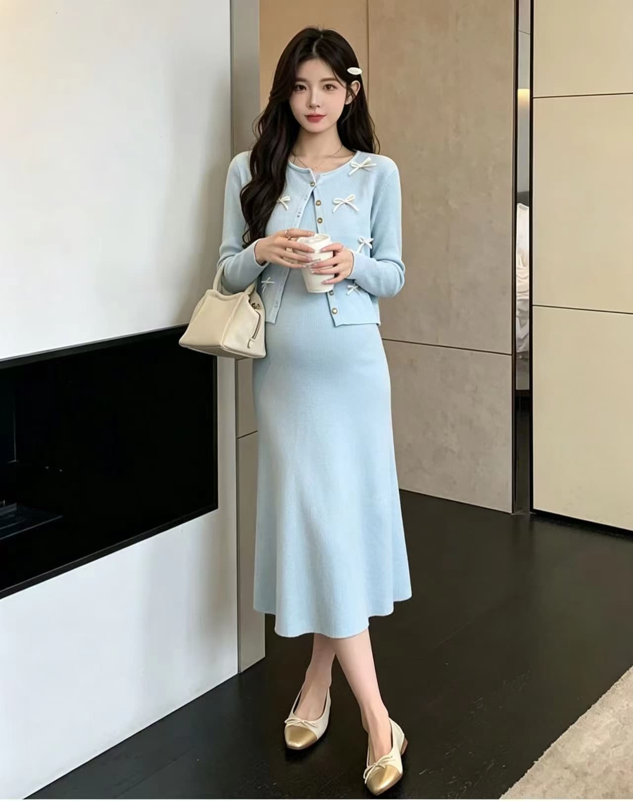 실사 지금 임산부 가을 의상 2026 새로운 패션 트렌디 엄마 롱 스커트 세트 봄 가을 임신 기간 치마 투피스 세트 상세 이미지 24