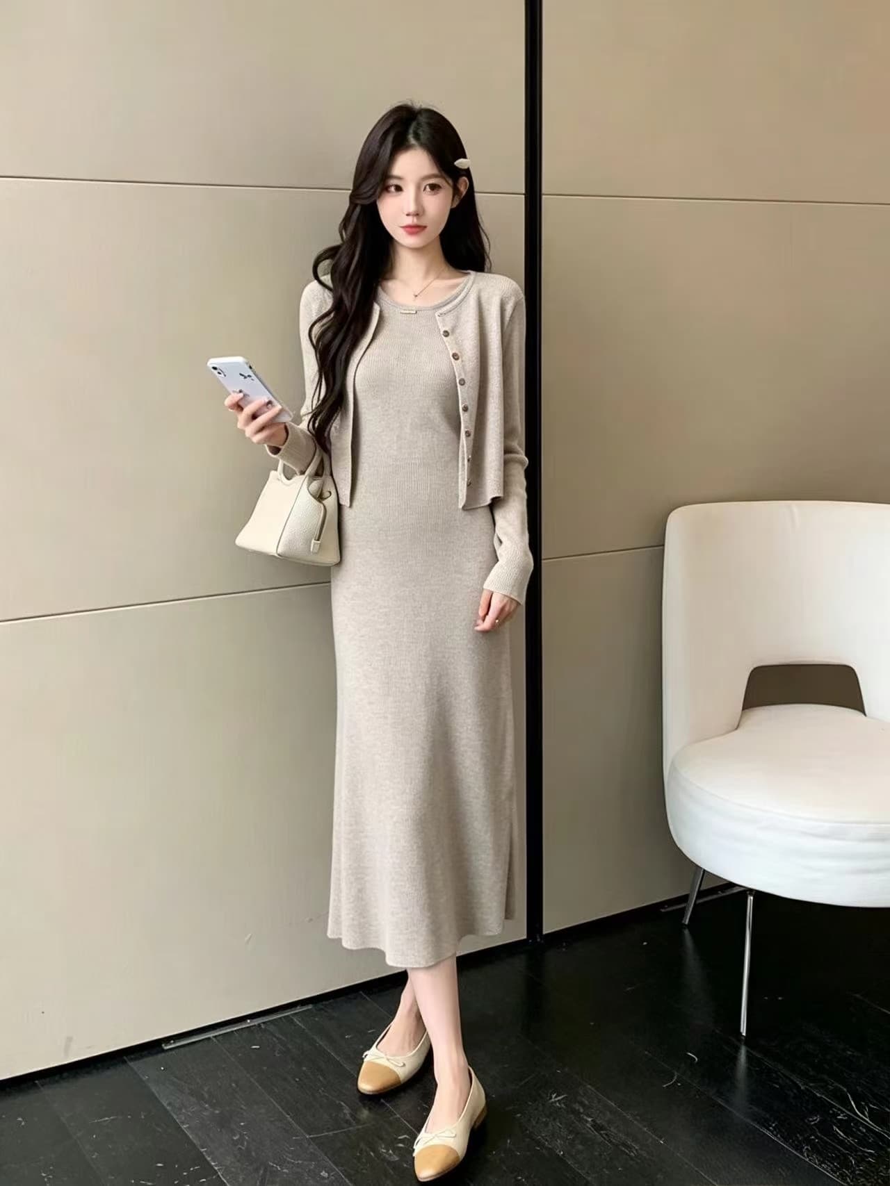 실사 지금 임산부 드레스 2026 새로운 여성 고급 센스 니트 롱 스커트 투피스 세트 봄 세트 상세 이미지 9