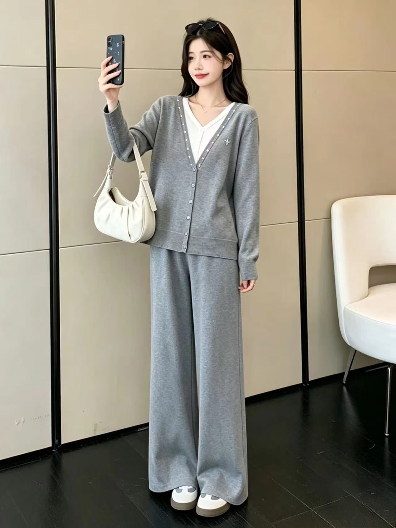 실사 지금 지금 임산부 세트 느긋한 바람 캐주얼 가을 겨울 와이드 레그 팬츠 투피스 세트 인터넷 유명인 섹션 게으른 착용 가져 가라. 상세 이미지 15