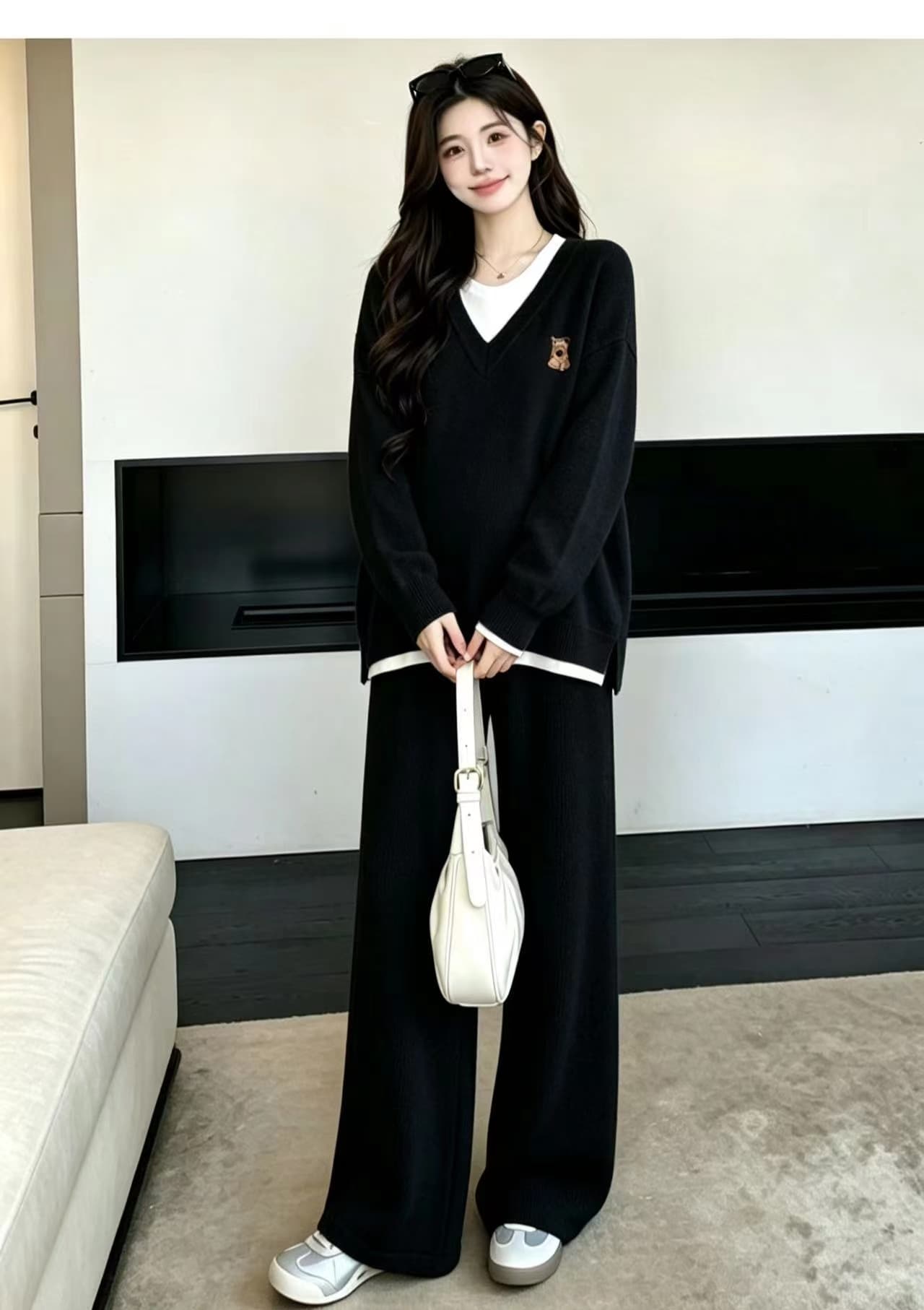 실사 지금 지금 임산부 가을 의상 세트 외국 가스 세련된 캐주얼 페이크 레이어드 패치워크 자수 니트 투피스 세트 상세 이미지 27