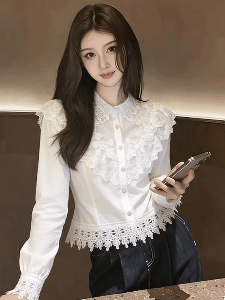 프랑스식 작은 샤넬 스타일 자수 레이스 디자인 여성 셔츠 가을 겨울 새로운 명문 여성 바람 품격 다용도 슬림해 보이는 맨위 트렌디 상세 이미지 1