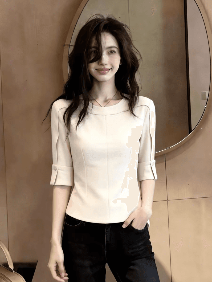 패션 라운드 넥 단색 맨위 2026 여름 디자인 센스 우아함 연령 감소 기본 셔츠 출퇴근 품격 다용도 작은 셔츠 상세 이미지 5