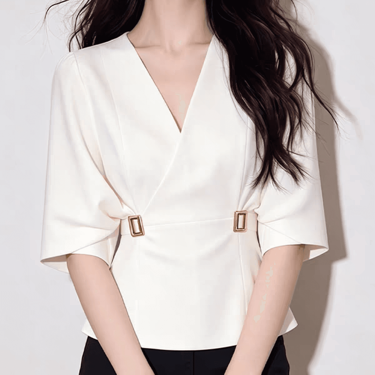 프랑스식 사소한 Chic 맨위 여성 여름 품격 빛 럭셔리 고급 출퇴근 다용도 허리 수축 배트윙 소매 화이트 셔츠 상세 이미지 2
