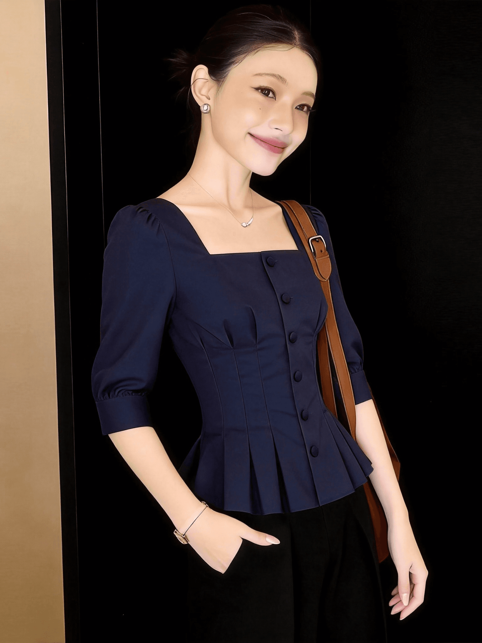 프랑스식 부드러운 바람 광장 칼라 거품 소매 허리 수축 여성 셔츠 2026 봄 여름 새로운 다용도 슬림해 보이는 품격 맨위 이미지 2