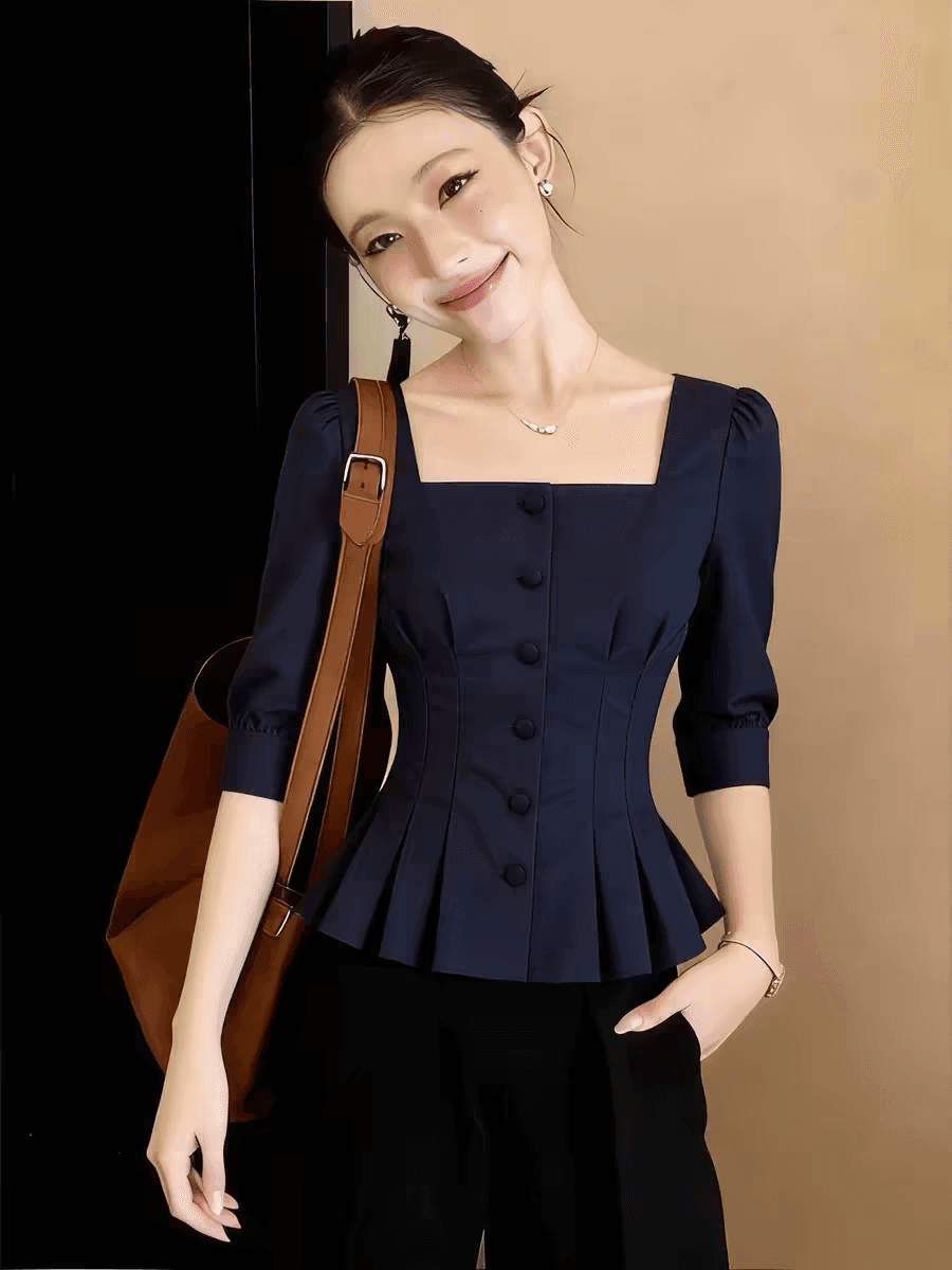 프랑스식 부드러운 바람 광장 칼라 거품 소매 허리 수축 여성 셔츠 2026 봄 여름 새로운 다용도 슬림해 보이는 품격 맨위 상세 이미지 5