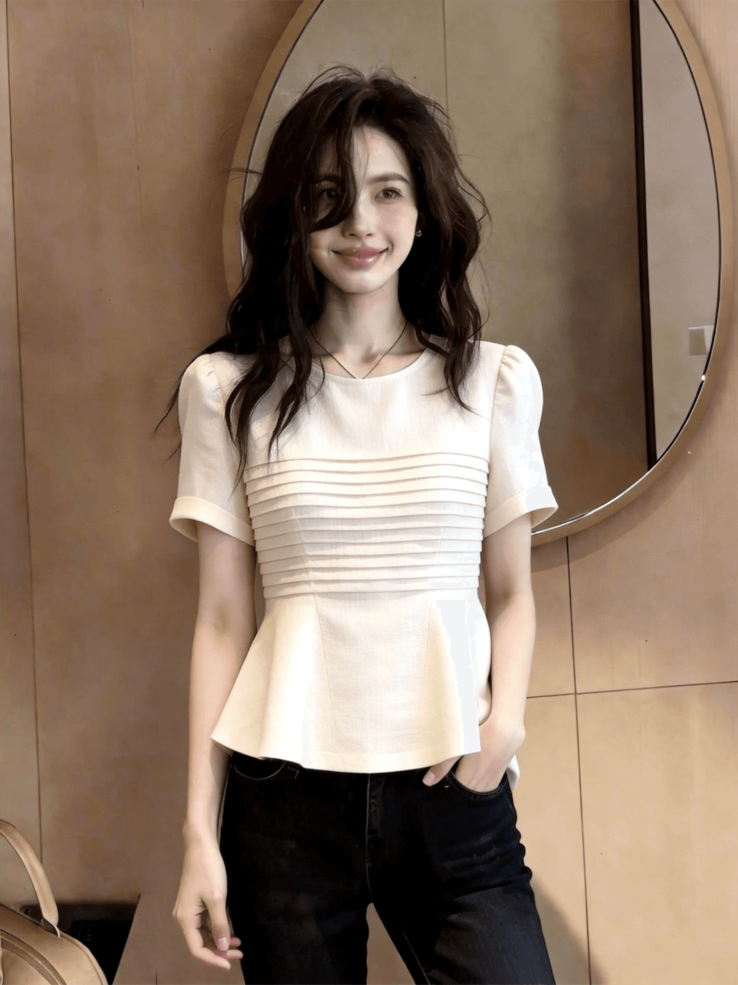 물품 번호 6980 있음 선적 2026 여름 프랑스식 부드러운 바람 분말 보라색 V넥 긴팔 레이스 여성 셔츠 오리지널 상세 이미지 1