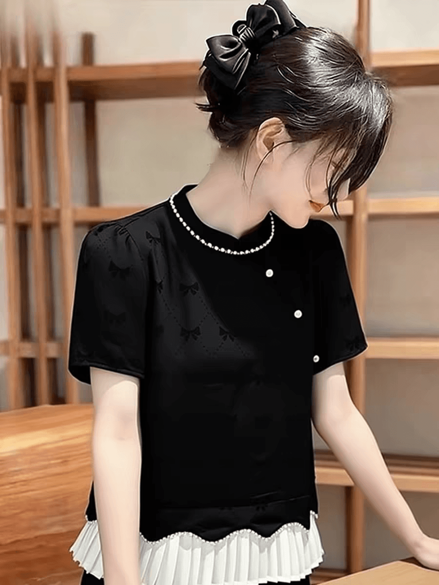 2026 여름 새로운 검정색 반팔 티셔츠 여성 의류 프릴 패치워크 새로운 중식 국풍 다용도 루즈핏 맨위