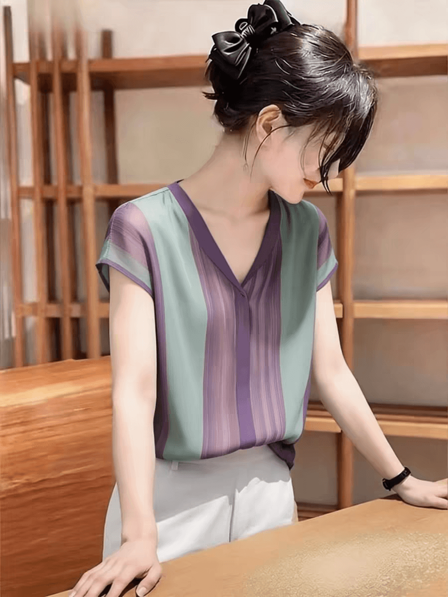 작은 대중 Chic 배색 스트라이프 V넥 반팔 여성 셔츠 봄 고급 센스 슬림해 보이는 빛 요리 한 바람 맨위 2026 년 상세 이미지 6