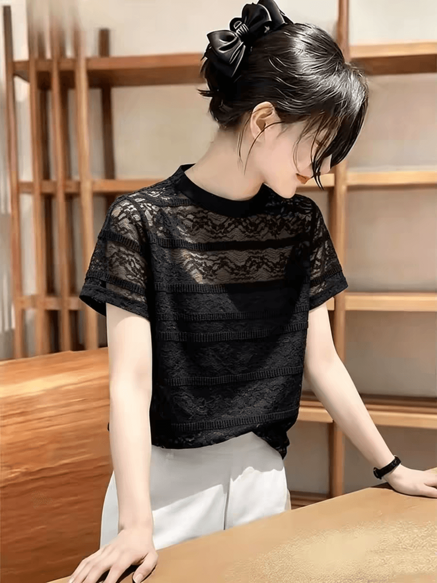 2026 여름 새로운 프랑스식 품격 빛 럭셔리 반팔 티셔츠 여성 작은 대중 Chic 연령 감소 배색 라운드 넥 맨위 트렌디 이미지 2