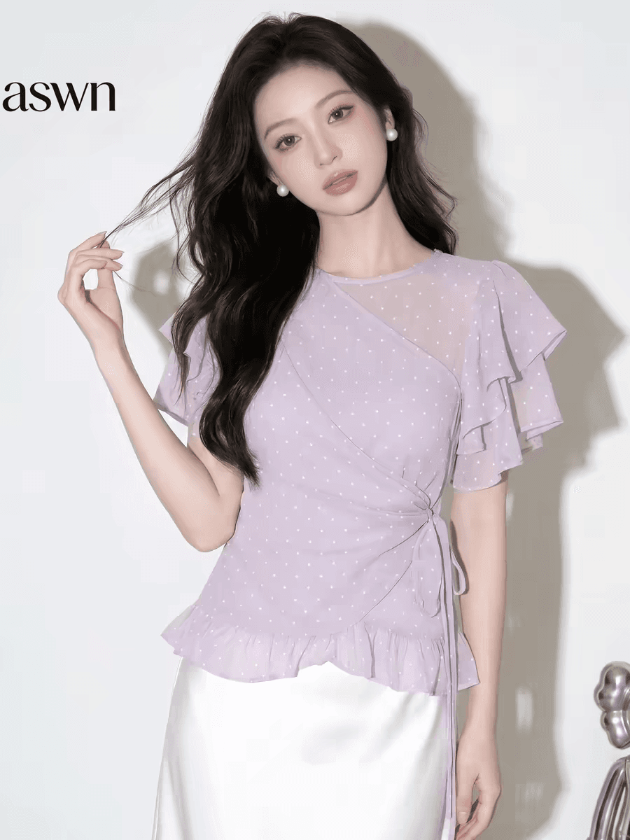 여름 섹션 2026 품격 보라색 도트 무늬 주름 마이크로 ~을 통해 작은 셔츠 캐주얼 레이스업 프릴 반팔 맨위 여성 이미지 2