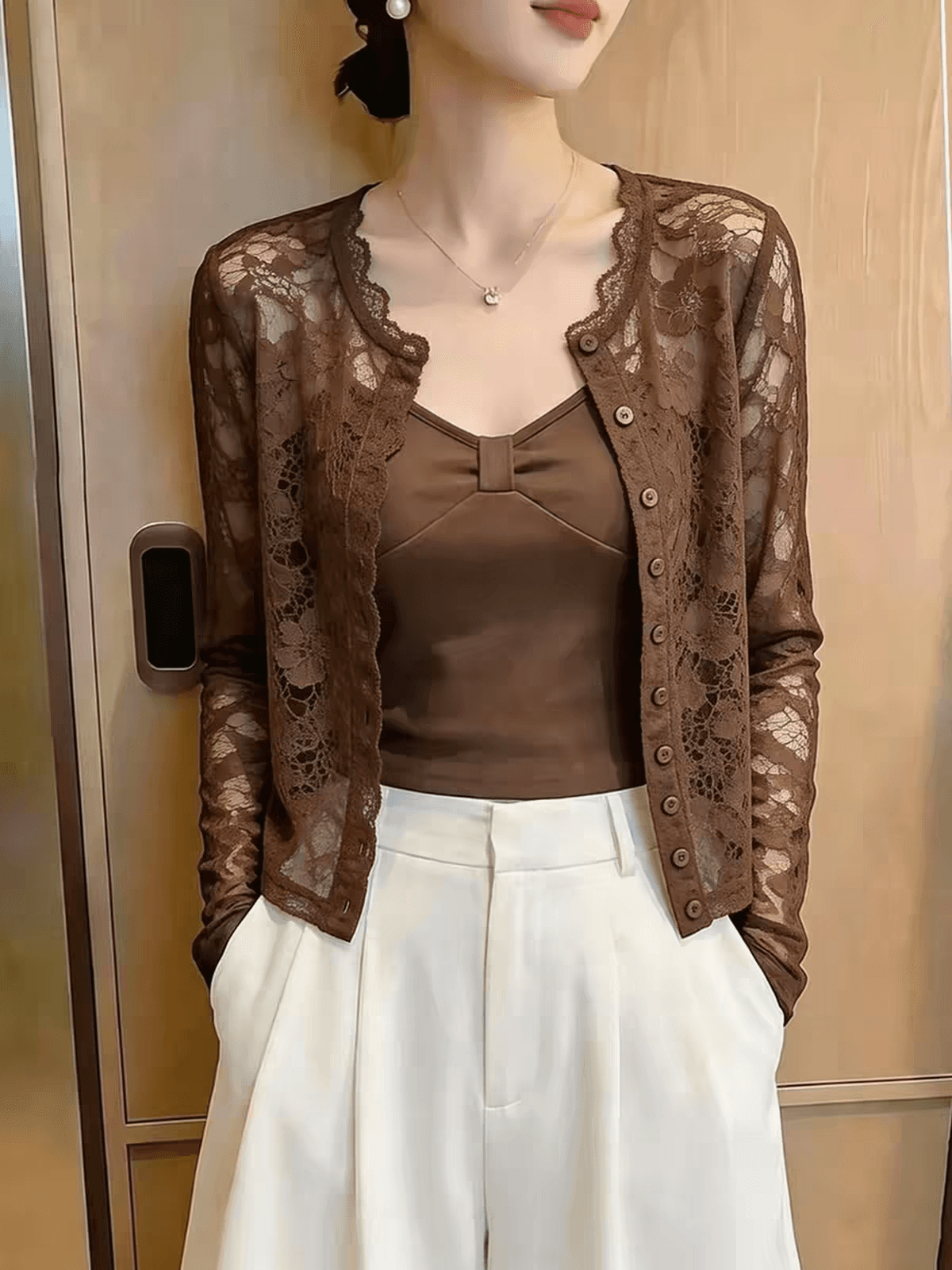 작은 대중 Chic 레이스 홀로우 아웃 자외선 차단 오픈 가디건 여성 얇고 가벼운 커피 색상 맨위 여름 새로운 슈퍼 잘 생긴 패션 고급 상세 이미지 3