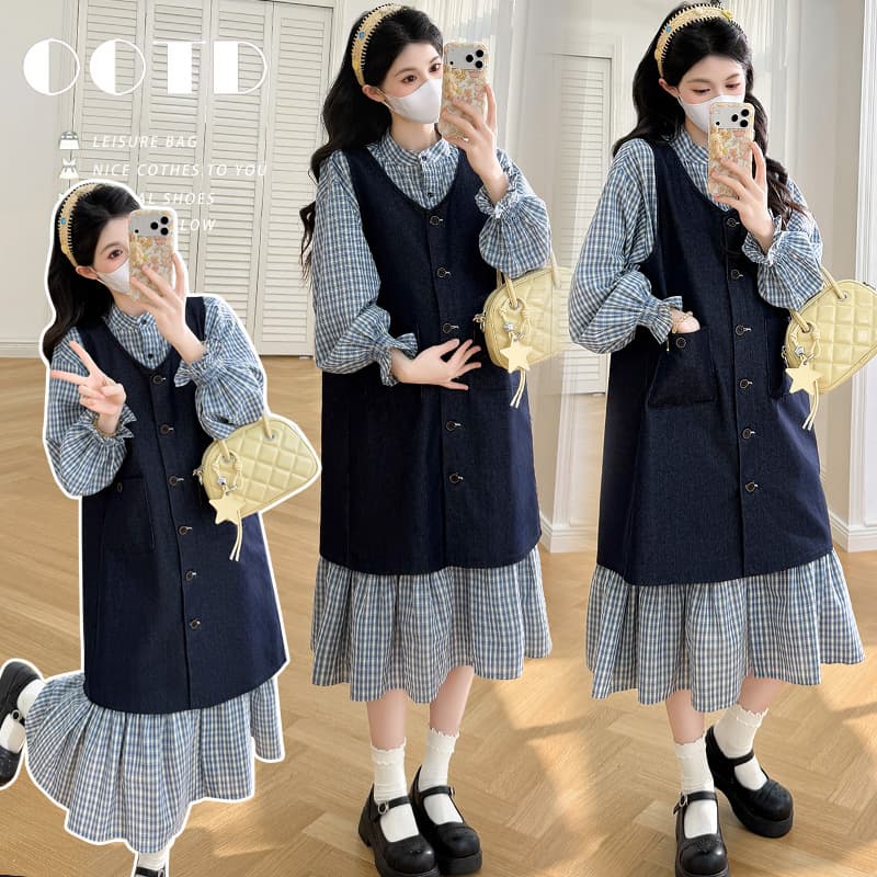 실사 지금 임산부 봄 드레스 새로운 한 부서 데님 조끼 원피스 세트 여성 체크무늬 셔츠 드레스 투피스 세트 이미지 2