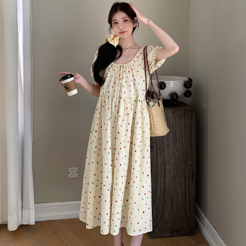 출산 착용 여름 도트 무늬 드레스 2026 새로운 여름 드레스 표지 배 반팔 치마 세트 프랑스식 임신 기간 착용 가져 가라. 이미지 3