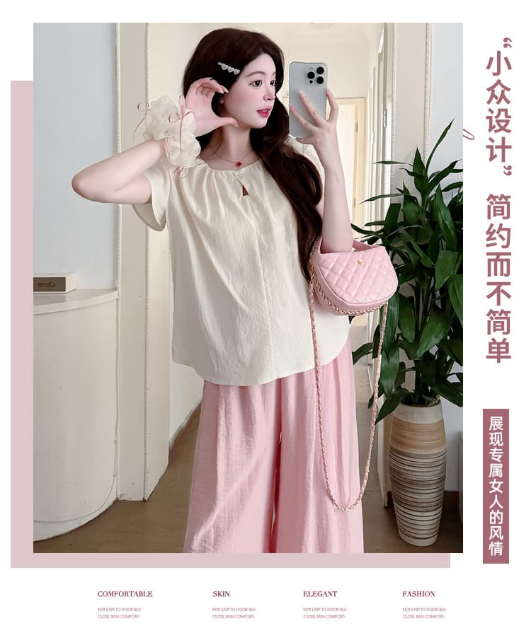 실사 임산부 세트 여름 패션 외국 가스 작은 날다 소매 살구 색상 셔츠 세련된 핑크색 와이드 레그 팬츠 투피스 세트 상세 이미지 3