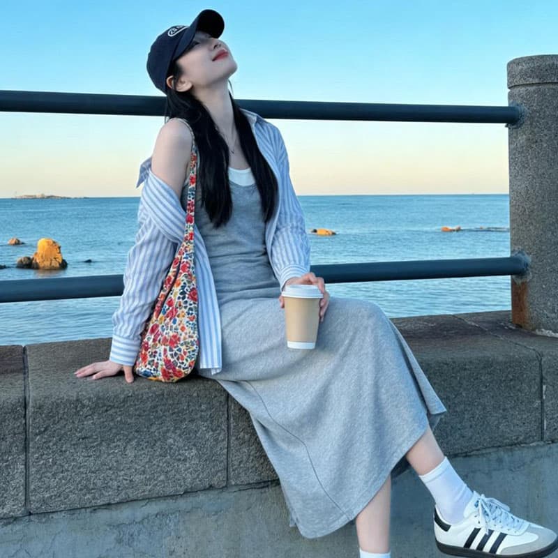 출산 착용 여름 새로운 캐주얼 세트 패션 한 부서 페이크 레이어드 슬립 드레스 자외선 차단 표지 고기 오픈 가디건 투피스 세트 이미지 4