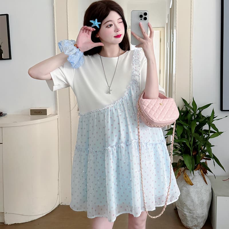 임산부 드레스 새로운 디자인 센스 패치워크 페이크 레이어드 반팔 루즈핏 슬림해 보이는 빅 사이즈 출산 스커트 작은 아이들 이미지 3