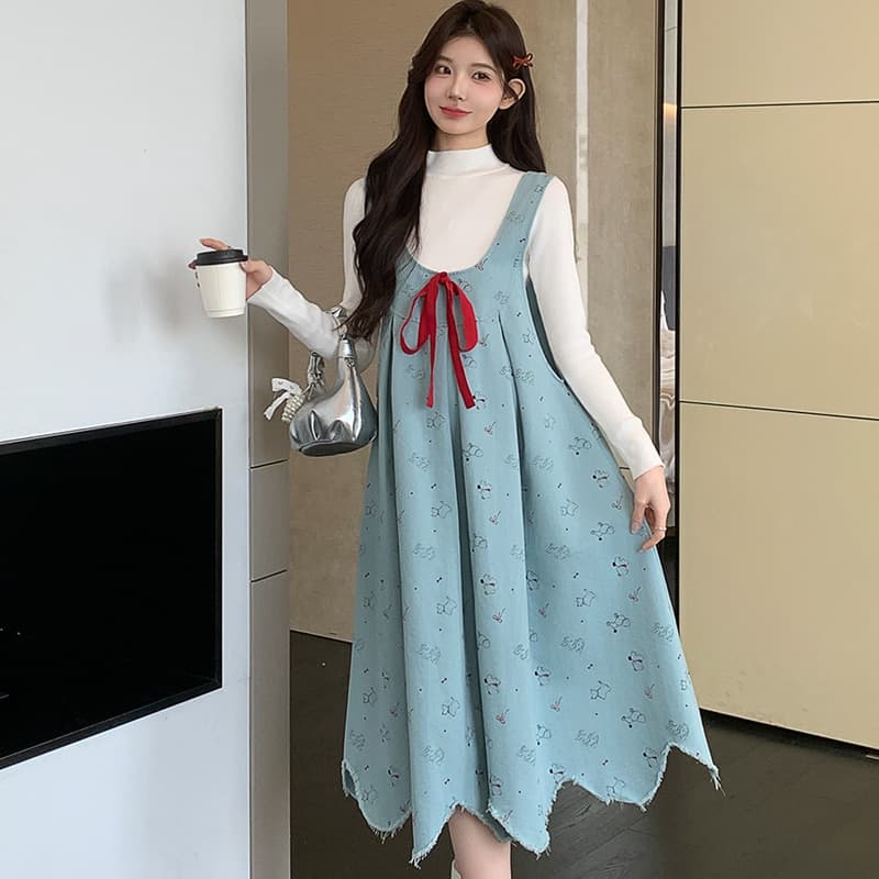실사 지금 이른 가을 출산 착용 새로운 니트 맨위 데님 임산부 드레스 임신 엄마 고급 센스 치마 이미지 4