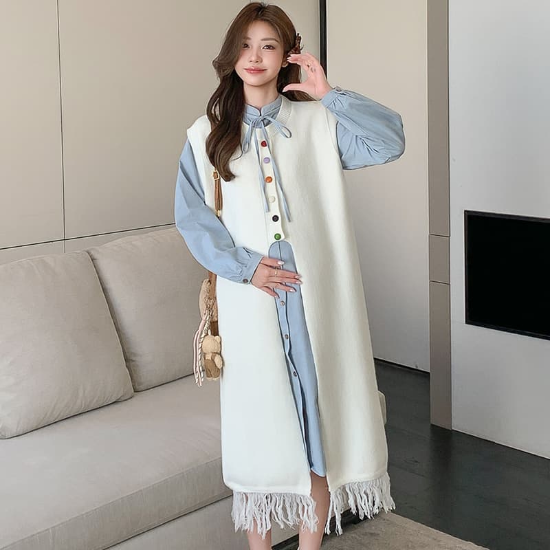 출산 착용 가을 의상 새로운 한국 스타일 중간 길이 드레스 패션 섹션 루즈핏 품격 술 슬림해 보이는 치마 세트 이미지 5