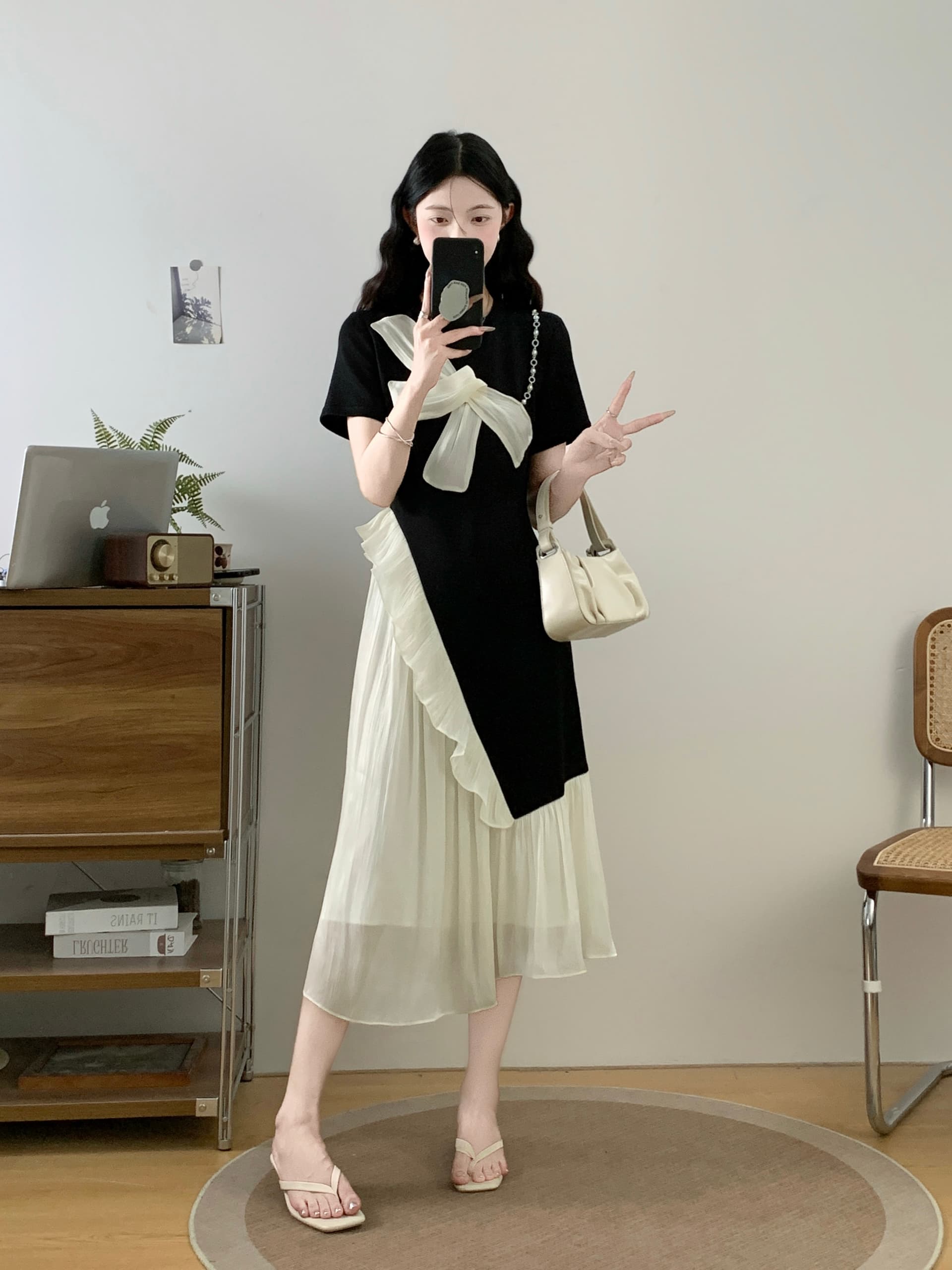 실사 빅 사이즈 여성 의류 흑인과 백인 패치워크 페이크 레이어드 슬립 몸매 가꾸기 슬림해 보이는 연령 감소 드레스 상세 이미지 16