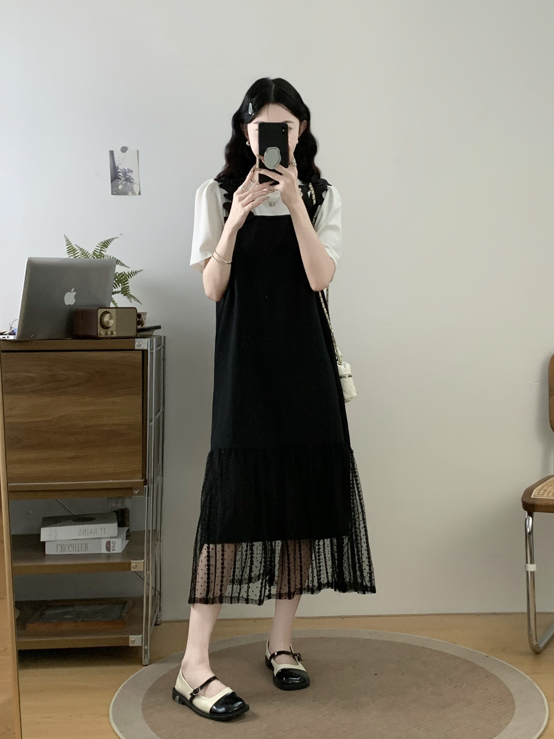 실사 빅 사이즈 여성 의류 지방 mm 흑인과 백인 패치워크 페이크 레이어드 슬립 캐주얼 슬림해 보이는 연령 감소 드레스 상세 이미지 4