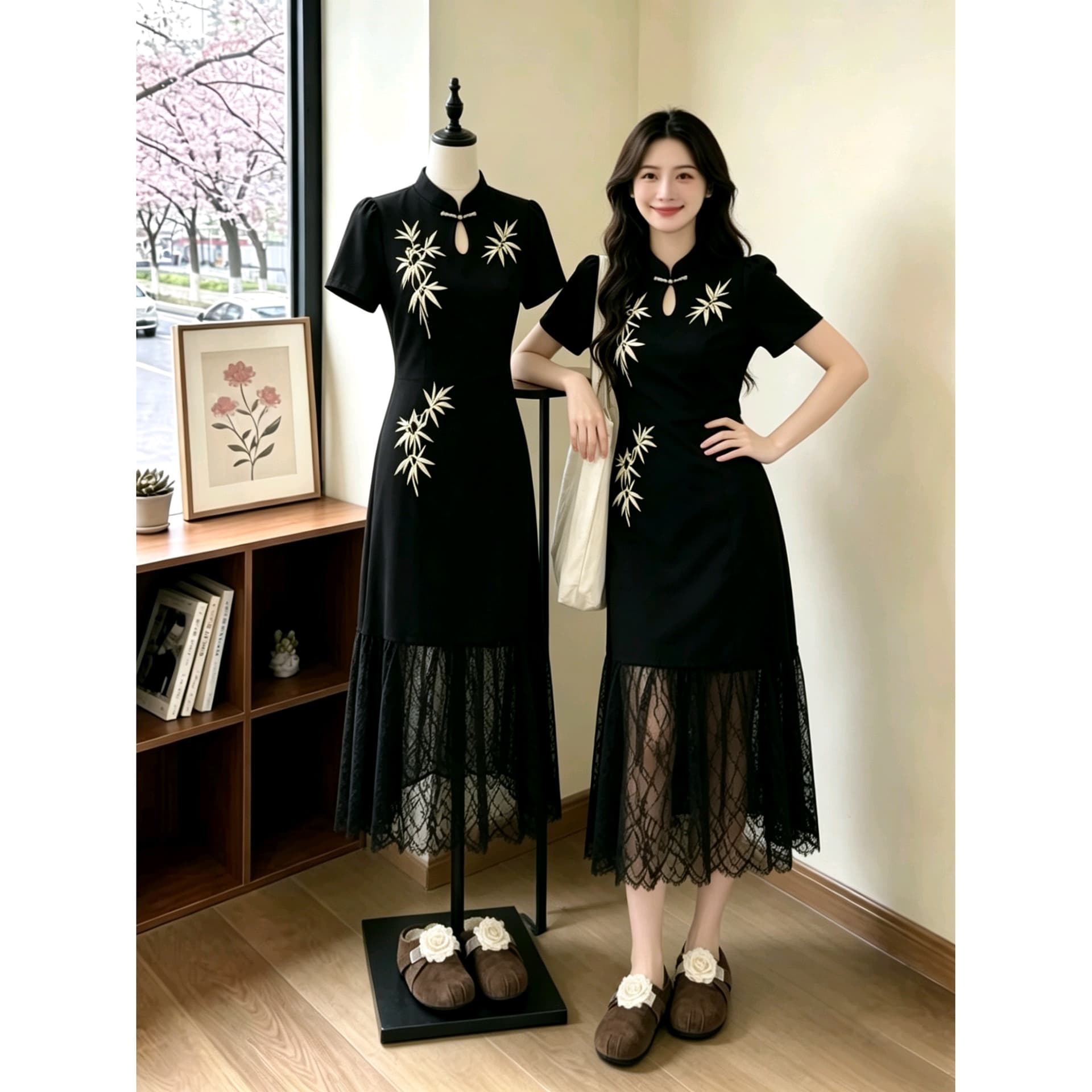 실사 빅 사이즈 여성 의류 지방 mm 레트로 무거운 작업 자수 패치워크 레이스 치마 슬림해 보이는 롱 코트 드레스 이미지 5