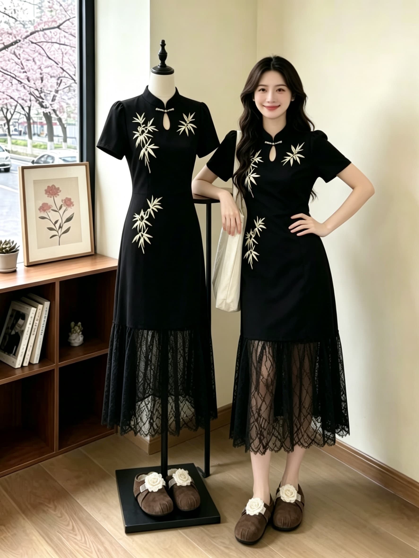 실사 빅 사이즈 여성 의류 지방 mm 레트로 무거운 작업 자수 패치워크 레이스 치마 슬림해 보이는 롱 코트 드레스 상세 이미지 6