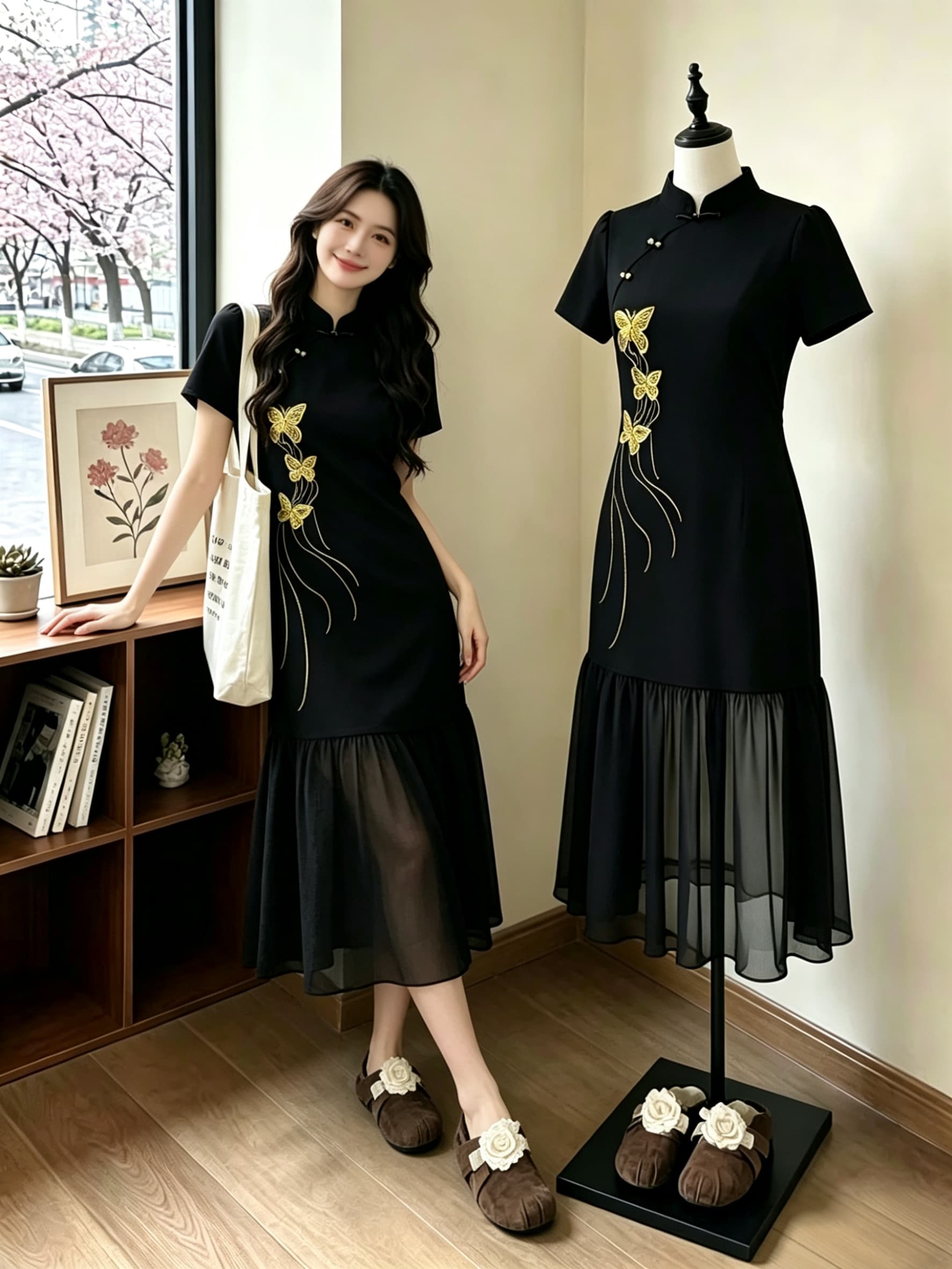실사 빅 사이즈 여성 의류 지방 mm 레트로 중식 개선 여름 나비 자수 패치워크 쉬폰 패션 연령 감소 롱 스커트 이미지 2